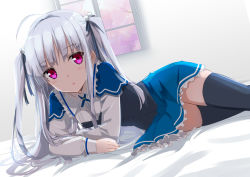 Rule 34 | 10s, 1girl, absolute duo, ahoge, black thighhighs, blush, dress, frilled dress, frills, gotyou, hair ornament, hair ribbon, long hair, long sleeves, lying, red eyes, ribbon, school uniform, solo, thighhighs, twintails, two side up, very long hair, white hair, window, yurie sigtuna, zettai ryouiki