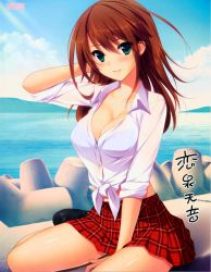 Rule 34 | 1girl, absurdres, blue bra, blush, bra, breasts, brown hair, cleavage, dress shirt, front-tie top, green eyes, hatsukoi 1/1, highres, koizumi amane, large breasts, loafers, long hair, looking at viewer, midriff, miniskirt, non-web source, open clothes, open shirt, plaid, plaid skirt, pleated skirt, see-through, shiny skin, shirt, shoes, sitting, skirt, sleeves rolled up, smile, solo, tied shirt, tokizaki maya, underwear