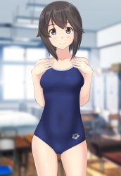 Rule 34 | 1girl, absurdres, alternate costume, arena (company), black hair, blue one-piece swimsuit, blurry, classroom, competition school swimsuit, contrapposto, cowboy shot, depth of field, grey eyes, hands on own chest, hayasui (kancolle), highres, indoors, kantai collection, logo, looking at viewer, one-piece swimsuit, school swimsuit, short hair, solo, standing, swimsuit, takafumi