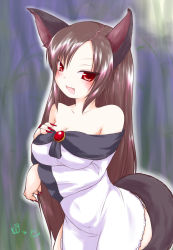 Rule 34 | 1girl, animal ears, bamboo, bamboo forest, bare shoulders, blouse, blush, bottomless, breast hold, breasts, brooch, brown hair, cleavage, collarbone, dress, fang, fingernails, forest, highres, imaizumi kagerou, jewelry, large breasts, long fingernails, long hair, long sleeves, looking at viewer, nail polish, nature, naughty face, off shoulder, open mouth, red eyes, red nails, shirt, solo, tail, touhou, uho (uhoyoshi-o), very long hair, white shirt, wide sleeves, wolf ears, wolf tail
