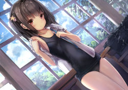 Rule 34 | 1girl, black hair, blue one-piece swimsuit, blush, brown eyes, classroom, commentary request, day, hair ornament, highres, indoors, looking at viewer, missile228, no pants, one-piece swimsuit, one side up, open clothes, open shirt, original, school, school swimsuit, shirt, short hair, solo, standing, star (symbol), star hair ornament, swimsuit, swimsuit under clothes, thighs, undressing, window