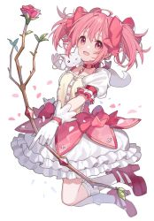 Rule 34 | 1girl, bow, bow (weapon), breasts, bubble skirt, buttons, chiri (ch!), choker, dress, flower, flower ornament, gloves, holding, holding weapon, kaname madoka, kneehighs, kyubey, magical girl, mahou shoujo madoka magica, mahou shoujo madoka magica (anime), petals, pink eyes, pink hair, puffy short sleeves, puffy sleeves, rose, short hair, short sleeves, short twintails, skirt, small breasts, socks, twintails, weapon, white background, white dress, white gloves, white socks