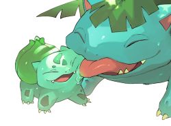 Rule 34 | :d, bulbasaur, claws, closed eyes, commentary request, creatures (company), evolutionary line, fangs, game freak, gen 1 pokemon, happy, licking, licking another&#039;s face, newo (shinra-p), nintendo, open mouth, pokemon, pokemon (creature), saliva, simple background, smile, tongue, tongue out, venusaur, white background, |d