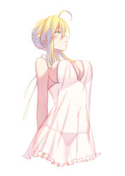 Rule 34 | 1girl, ahoge, arms behind back, artoria pendragon (fate), artoria pendragon (lancer) (fate), black panties, blonde hair, blush, braid, braided bun, breasts, cleavage, covered erect nipples, cropped legs, dress, fate/grand order, fate (series), frilled dress, frills, green eyes, hair between eyes, hair bun, highres, large breasts, leaning forward, panties, ribbon, see-through, short dress, short hair with long locks, sideboob, sidelocks, simple background, sleeveless, sleeveless dress, solo, standing, sweatdrop, underwear, white background, white dress, white ribbon, xion32