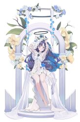 1girl blue_archive blue_flower blush cape dress flower hair_between_eyes hair_flower hair_ornament highres holding holding_wreath ice_(icepuli) long_hair looking_at_viewer purple_eyes purple_hair see-through_clothes see-through_sleeves sidelocks sitting smile veil white_cape white_dress white_flower white_footwear white_veil yellow_flower yuuka_(blue_archive)