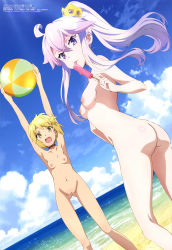 Rule 34 | 2girls, :d, :p, absurdres, albus (zero kara hajimeru mahou no sho), ass, ball, beach, beachball, blonde hair, blush, breasts, cleft of venus, cloud, day, female focus, flower, food, hair flower, hair ornament, highres, igawa norie, licking, light purple hair, long hair, looking at viewer, multiple girls, navel, nipples, nude, nude filter, ocean, open mouth, outdoors, ponytail, popsicle, purple eyes, pussy, short hair, sidelocks, sky, small breasts, smile, standing, thigh gap, third-party edit, tongue, tongue out, uncensored, yellow eyes, zero (zero kara hajimeru mahou no sho), zero kara hajimeru mahou no sho