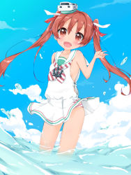 Rule 34 | 10s, 1girl, :d, alternate skin color, bad anatomy, bare shoulders, brown eyes, brown hair, dress, fang, hair ribbon, hat, highres, kantai collection, libeccio (kancolle), long hair, open mouth, panties, pantyshot, poorly drawn, ribbon, sailor dress, smile, solo, standing, striped clothes, striped panties, twintails, uchuuneko, underwear, water