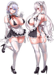 Rule 34 | 2girls, absurdres, apron, asanagi, ass, back, backless dress, backless outfit, bare shoulders, bikini, black dress, black footwear, blue eyes, blush, breasts, butt crack, cleavage, dress, elbow gloves, frills, full body, gloves, heterochromia, high heels, highres, large breasts, long hair, looking at viewer, looking back, maid, maid bikini, maid headdress, mole, mole on breast, multiple girls, open mouth, original, red eyes, short dress, short hair, smile, swimsuit, thick thighs, thighhighs, thighs, twintails, unconventional maid, waist apron, white gloves, white hair, white thighhighs, wrist cuffs