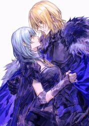 Rule 34 | 1boy, 1girl, absurdres, armor, black armor, black gloves, blonde hair, blue cape, blue hair, byleth (female) (fire emblem), byleth (fire emblem), cape, chinese commentary, clothes grab, commentary request, couple, detached collar, dimitri alexandre blaiddyd, elbow pads, fire emblem, fire emblem: three houses, from side, fur-trimmed cape, fur trim, gloves, hair down, hand up, hetero, high collar, highres, imminent hug, light frown, long hair, looking at another, looking down, looking up, medium hair, naoki (2rzmcaizerails6), nintendo, shoulder pads, upper body, vambraces, white background