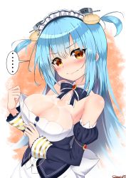 Rule 34 | ..., 1girl, aqua hair, azur lane, breasts, cleavage, detached collar, detached sleeves, dress, highres, long hair, long sleeves, maid headdress, neptune (azur lane), sazamiso rx, scallop, short twintails, solo, spoken ellipsis, tears, twintails, two side up, yellow eyes