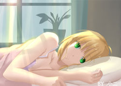 Rule 34 | 1girl, absurdres, ahoge, artoria pendragon (all), artoria pendragon (fate), blonde hair, breasts, cleavage, closed mouth, collarbone, er ci gudu, fate/stay night, fate (series), green eyes, hair between eyes, highres, indoors, jewelry, looking at viewer, lying, on side, ornate ring, pillow, ring, saber (fate), shirt, short hair, sleeveless, sleeveless shirt, small breasts, smile, solo, sunlight, wedding ring, white shirt