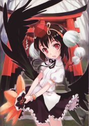 Rule 34 | 1girl, absurdres, black hair, black wings, hand fan, female focus, hat, highres, looking at viewer, multiple torii, non-web source, open mouth, red eyes, scan, scan artifacts, shameimaru aya, smile, solo, torii, touhou, wings, wrist cuffs