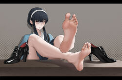 Rule 34 | 1girl, absurdres, barefoot, black hair, blush, feet, hairband, highres, long hair, looking at viewer, pazixia, red eyes, shaded face, shoes, unworn shoes, soles, spy x family, toes, yor briar