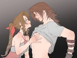 Rule 34 | 1boy, 1girl, aerith gainsborough, arm belt, assertive female, bare arms, blue eyes, blush, braid, braided ponytail, breasts, brown hair, clothes lift, curly hair, dress, earrings, final fantasy, final fantasy vii, final fantasy viii, gradient background, green eyes, grey background, groping, hair ribbon, halter dress, halterneck, hand on another&#039;s chest, hetero, jewelry, kingdom hearts, kingdom hearts ii, long hair, looking at another, medium breasts, medium hair, parted bangs, parted lips, pink dress, pink ribbon, ribbon, scar, scar on face, shirt, shirt lift, sidelocks, single earring, soo (sr00a2ht), squall leonhart, square enix, t-shirt, upper body, white shirt