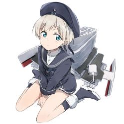 Rule 34 | 10s, 1girl, bad id, bad twitter id, blue eyes, bottomless, clothes writing, gotyou, hat, kantai collection, long sleeves, looking at viewer, machinery, military, military uniform, sailor collar, sailor collared, sailor hat, short hair, silver hair, sitting, solo, uniform, wariza, z1 leberecht maass (kancolle)