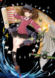 Rule 34 | 10s, 1girl, absurdres, aircraft, airplane, anti-aircraft, anti-aircraft gun, brown eyes, brown hair, flat chest, highres, japanese clothes, kantai collection, kariginu, machinery, onmyouji, ryuujou (kancolle), scroll, shikigami, slm, solo, twintails, visor cap, water