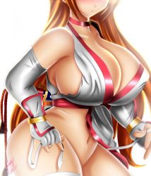 Rule 34 | 1girl, bare shoulders, blonde hair, breasts, cleavage, curvy, dead or alive, covered erect nipples, highres, huge breasts, jassycoco, kasumi (doa), long hair, navel, ninja, open clothes, parted lips, sideboob, solo, thick thighs, thighhighs, thighs, wide hips