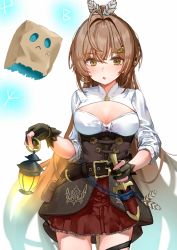 Rule 34 | 1girl, absurdly long hair, ahoge, belt, belt buckle, belt pouch, breasts, brown hair, buckle, cleavage cutout, clothing cutout, crest, dagger, feather hair ornament, feathers, fingerless gloves, friend (nanashi mumei), gloves, hair between eyes, hair ornament, hairclip, highres, holding, holding dagger, holding knife, holding lantern, holding weapon, hololive, hololive english, knife, lantern, long hair, nanashi mumei, open mouth, owl girl, ponytail, pouch, red skirt, shirt, sidelocks, skirt, sleeves rolled up, solo, thigh strap, very long hair, virtual youtuber, weapon, white shirt, yamada (iroha97151188), yellow eyes