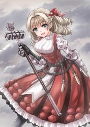 Rule 34 | 1girl, armor, blonde hair, blue eyes, breasts, cowboy shot, dress, drill hair, gauntlets, greaves, grey background, hair ribbon, holding, holding staff, juliet sleeves, kira works, large breasts, long sleeves, open mouth, puffy sleeves, red dress, red ribbon, ribbed sweater, ribbon, scarlett (unicorn overlord), smile, solo, staff, standing, sweater, unicorn overlord