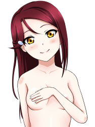 Rule 34 | 1girl, areola slip, blush, breasts, brown eyes, closed mouth, covering privates, covering breasts, covering nipples, hair ornament, head tilt, highres, long hair, looking at viewer, love live!, love live! sunshine!!, medium breasts, nude, red hair, sakurauchi riko, simple background, smile, solo, to yoshiyoshi, upper body, white background