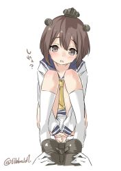 Rule 34 | 00s, 10s, 1girl, bad id, bad twitter id, between legs, binoculars, blush, brown eyes, brown hair, dress, ebifurya, eyebrows, full body, hand between legs, highres, inactive account, kantai collection, kneehighs, knees up, long sleeves, neckerchief, no shoes, open mouth, own hands together, panties, pantyshot, sailor dress, simple background, socks, solo focus, squatting, twitter username, underwear, white background, white panties, white socks, yellow neckerchief, yukikaze (kancolle)
