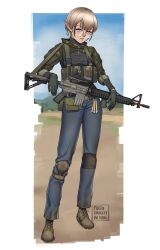 Rule 34 | 1girl, absurdres, artist name, assault rifle, black shirt, blue eyes, blue pants, brown hair, camouflage, chest rig, denim, elf, eotech, glasses, gloves, green gloves, green shirt, gun, highres, jeans, looking at viewer, m16, m16a1, optical sight, original, pants, pointy ears, puto trash, rifle, shirt, solo, weapon, woodland camouflage