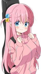 Rule 34 | 1girl, blue eyes, bocchi the rock!, closed mouth, cube hair ornament, gotoh hitori, hair between eyes, hair ornament, hair over eyes, highres, instrument case, jacket, jersey, long hair, looking at viewer, nervous, one side up, pink hair, pink jacket, simple background, solo, track jacket, tsubaki (tatajd), upper body, white background