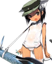 Rule 34 | 00s, 1girl, animal ears, black hair, brown eyes, cat ears, cat tail, china dress, chinese clothes, dress, flower, gun, hair flower, hair ornament, hat, konami mecha musume, mecha musume, microdress, military, panties, see-through, shimada fumikane, shiny skin, short hair, simple background, smile, solo, strike witches, tail, tan, thigh gap, thighhighs, thighs, underwear, weapon, wet, wet clothes, wet dress, wet panties, white background, white panties, white thighhighs, world witches series