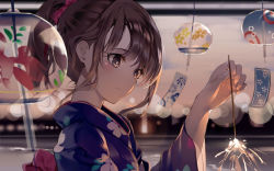 Rule 34 | arm up, blue kimono, blurry, blurry background, blush, bow, brown eyes, brown hair, closed mouth, depth of field, evening, fireworks, floral print, from side, hair between eyes, hair bow, head tilt, high ponytail, highres, holding, japanese clothes, kimono, long sleeves, looking away, niii (memstapak), original, ponytail, print kimono, red bow, senkou hanabi, solo, sparkler, twilight, water, wide sleeves, wind chime, yukata