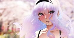 Rule 34 | 1girl, bare shoulders, black hairband, blurry, blurry background, blush, cherry blossoms, collarbone, depth of field, eyelashes, falling petals, hair between eyes, hairband, highres, idolmaster, kumako (kumakonoh), long hair, looking to the side, nose blush, open mouth, outdoors, petals, purple eyes, shijou takane, smile, solo, tree, upper body, white hair