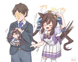 Rule 34 | 1boy, 1girl, :3, angry, animal ears, blue necktie, blue ribbon, blush, bow, bowtie, character doll, closed eyes, collared shirt, ear covers, formal, hair ribbon, hat, highres, horse ears, horse girl, horse tail, horseshoe ornament, necktie, open mouth, pleated skirt, puffy short sleeves, puffy sleeves, purple bow, purple bowtie, purple shirt, purple skirt, rakugakiraid, ribbon, school uniform, shirt, shirt tug, short sleeves, single ear cover, skirt, suit, tail, tearing up, thighhighs, tracen school uniform, trainer (umamusume), translation request, twintails, two-tone shirt, two-tone skirt, umamusume, vivlos (umamusume), white hat, white shirt, white skirt, white thighhighs, zettai ryouiki
