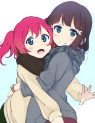 Rule 34 | 10s, 2girls, :d, bad id, bad pixiv id, black hair, black scarf, blue eyes, blush, casual, highres, hug, icehotmilktea, jacket, kurosawa dia, kurosawa ruby, light blush, looking at viewer, love live!, love live! sunshine!!, mole, mole under mouth, multiple girls, open mouth, red hair, scarf, siblings, sisters, smile, striped clothes, striped scarf, two side up, watch, wristwatch