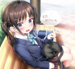 Rule 34 | 1girl, :d, absurdres, animal, bench, black cat, black socks, blazer, blue bow, blue bowtie, blue eyes, blue jacket, bow, bowtie, brown hair, brown skirt, cat, collared shirt, day, diagonal-striped bow, diagonal-striped bowtie, diagonal-striped clothes, diagonal-striped neckwear, highres, jacket, kneehighs, long hair, long sleeves, looking at viewer, nedia (nedia region), on bench, on lap, open mouth, original, outdoors, park bench, pleated skirt, pointing, shirt, side ponytail, sidelocks, sitting, skirt, sleeves past wrists, smile, socks, solo, striped bow, striped bowtie, striped clothes, striped neckwear, translation request, white shirt