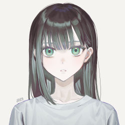 Rule 34 | 1girl, absurdres, black hair, collarbone, commentary request, expressionless, green eyes, grey background, grey shirt, highres, long hair, looking at viewer, original, parted lips, portrait, shirt, simple background, solo, teeth, torino kawazu