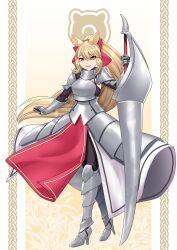 Rule 34 | 1girl, absurdres, animal ears, armor, armored boots, armored skirt, blonde hair, bodystocking, bodystocking, boots, breastplate, full body, gauntlets, hair between eyes, high heels, high ponytail, highres, holding, holding polearm, holding weapon, japari symbol, kawanami eito, kemono friends, lance, long hair, looking at viewer, outstretched arm, parted lips, polearm, ponytail, rhinoceros ears, shoulder armor, smile, solo, standing, very long hair, weapon, white rhinoceros (kemono friends), yellow eyes