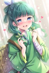 Rule 34 | 1girl, :d, absurdres, bandaged arm, bandages, basket, blue eyes, blue ribbon, blurry, blurry background, blush, bow-shaped hair, chinese clothes, commentary request, depth of field, drooling, freckles, green hair, hair ribbon, hanfu, heart, highres, holding, holding leash, kouta., kusuriya no hitorigoto, leash, long hair, long sleeves, maomao (kusuriya no hitorigoto), open mouth, puffy long sleeves, puffy sleeves, ribbon, smile, solo, translation request