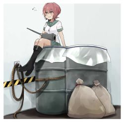 Rule 34 | 10s, 1girl, annin musou, arm support, bad id, bad pixiv id, bag, black footwear, blouse, boots, breasts, brown eyes, brown hair, corner, drum (container), foot dangle, green skirt, hair between eyes, hazard stripes, highres, kantai collection, kinu (kancolle), knee boots, looking away, matching hair/eyes, musical note, pleated skirt, quaver, rope, sack, sailor collar, sailor shirt, school uniform, serafuku, shadow, shirt, short hair, short sleeves, sitting, sitting on object, skirt, small breasts, smile, solo, spoken musical note, turret, white shirt