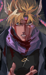 Rule 34 | 1boy, battle tendency, blonde hair, blood, blood on face, blue eyes, caesar anthonio zeppeli, facial mark, feather hair ornament, feathers, hair ornament, headband, highres, jewelry, jojo no kimyou na bouken, male focus, natapy1, pink scarf, ring, scarf, solo, triangle print