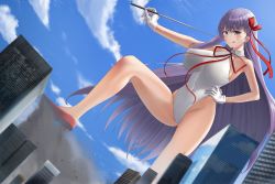 Rule 34 | 1girl, bb (fate), bb (fate) (all), bb (swimsuit mooncancer) (fate), bb (swimsuit mooncancer) (third ascension) (fate), blue sky, breasts, building, cityscape, cloud, commentary request, day, dutch angle, fate/grand order, fate (series), giant, giantess, gloves, hand on own hip, high heels, highleg, highleg leotard, highres, large breasts, leotard, looking at viewer, neck ribbon, outdoors, pointer, purple eyes, purple hair, red footwear, red ribbon, ribbon, sky, solo, tomoshibi (fuuzen no tomoshibi), tongue, tongue out, white gloves, white leotard
