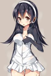 Rule 34 | 10s, 1girl, black hair, blush, breasts, brown eyes, cleavage, commentary request, gentoo penguin (kemono friends), grey background, hair between eyes, headphones, jacket, kemono friends, long hair, long sleeves, looking at viewer, multicolored hair, open mouth, red eyes, simple background, skirt, solo, sweat, tareme, thigh gap, unacchi (nyusankin)