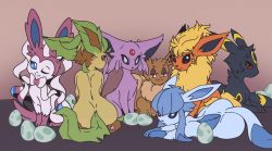 Rule 34 | creatures (company), eevee, espeon, flareon, furry, game freak, gen 1 pokemon, gen 2 pokemon, gen 4 pokemon, gen 6 pokemon, glaceon, highres, leafeon, looking at viewer, nintendo, one eye closed, plague of gripes, pokemon, screencap, sitting, smile, sylveon, thick thighs, thighs, umbreon, wink