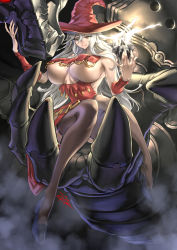 Rule 34 | 1girl, breast curtains, breasts, covered erect nipples, dress, garter straps, granblue fantasy, grey hair, hat, highres, huge breasts, long hair, magisa (granblue fantasy), purple eyes, red dress, red hat, revealing clothes, sideboob, signature, skull, thighhighs, thighs, underboob, very long hair, witch hat, zunta