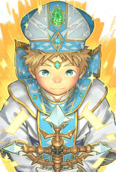 Rule 34 | 1boy, blonde hair, blue eyes, child, closed mouth, crave saga, cross, forehead jewel, from above, highres, jewelry, long sleeves, looking at viewer, male focus, nine (crave saga), pendant, pope, robe, shigeru (shounen zoom), short hair, simple background, smile, solo, upper body, white robe