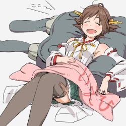 Rule 34 | 10s, 1girl, armpits, bad id, bad twitter id, blanket, brown hair, cushion, detached sleeves, drooling, hand on own stomach, headgear, hiei (kancolle), jewelry, kantai collection, lying, nontraditional miko, on back, open mouth, plaid, plaid skirt, ring, short hair, skirt, sleeping, solo, thighhighs, umishima senbon, wedding band