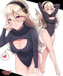 Rule 34 | 1girl, absurdres, arms up, artist name, barefoot, black hairband, breasts, cleavage, cleavage cutout, closed mouth, clothing cutout, corrin (female) (fire emblem), corrin (fire emblem), fire emblem, fire emblem fates, grin, hairband, heattech leotard, highres, large breasts, leotard, long hair, long sleeves, meme attire, multiple views, nintendo, open-chest sweater, pointy ears, red eyes, ribbed leotard, sarukaiwolf, simple background, smile, sweater, turtleneck, white hair