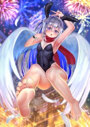 Rule 34 | 1girl, absurdres, amane kanata, angel wings, animal ears, barefoot, blush, fake animal ears, feathers, feet, fireworks, highres, hololive, leotard, long hair, looking at viewer, open mouth, purple eyes, rabbit ears, scarf, short twintails, silver hair, soles, toes, twintails, virtual youtuber, wings