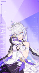 Rule 34 | 1girl, ahoge, asymmetrical clothes, blue eyes, blue flower, box, breasts, character name, chinese commentary, cleavage, crown, dress, earrings, eyebrows hidden by hair, flower, gift, gift box, hair between eyes, happy birthday, highres, holding, holding gift, honkai (series), honkai impact 3rd, jewelry, kiana kaslana, kiana kaslana (herrscher of flamescion), looking at viewer, lower teeth only, medium breasts, multicolored hair, official alternate costume, official art, official wallpaper, open mouth, solo, streaked hair, teeth, upper body, white hair