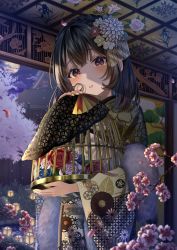 Rule 34 | 1girl, birdcage, black hair, blue flower, blue rose, bow, brown eyes, cage, cherry blossoms, cloud, cloudy sky, egasumi, floral print, flower, full moon, grass, hair flower, hair ornament, highres, holding, holding cage, japanese clothes, kanzashi, kimono, lantern, long hair, looking at viewer, moon, nail polish, night, night sky, original, paper lantern, parted lips, pink bow, pink flower, pink rose, print kimono, ranrin1007, red flower, red rose, rose, sakuramon, seigaiha, shippou (pattern), sky, smile, solo, tearing up, upper body, wide sleeves, yellow flower, yellow kimono, yellow nails
