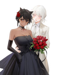 Rule 34 | 2girls, albino, bare shoulders, black choker, black dress, black flower, black gloves, black vs white, black wedding dress, blush, bouquet, breasts, choker, cleavage, collared shirt, commentary, cross print, dark-skinned female, dark skin, dress, elbow gloves, female focus, flower, formal, gloves, hair flower, hair ornament, hair ribbon, hand on another&#039;s hip, highres, holding, holding bouquet, holding flower, interracial, jacket, large breasts, looking at another, looking at viewer, micchan (ohisashiburi), multiple girls, nacchan (ohisashiburi), nail polish, necktie, ohisashiburi, open mouth, original, pants, red flower, ribbon, shirt, short hair, skindentation, smile, sweatdrop, tomboy, vest, waistcoat, wedding dress, white hair, white jacket, white nails, white ribbon, white shirt, wife and wife, yuri