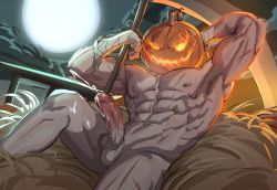 Rule 34 | 1boy, abs, armpits, bad id, bad pixiv id, bara, completely nude, cum, cum on legs, ejaculation, erection, feet out of frame, flaming eyes, full moon, hay, highres, jack-o&#039;-lantern, large pectorals, looking at viewer, male focus, moon, muscular, muscular male, navel, nipples, nude, original, pectorals, penis, pumpkin hat, scar, scar on chest, scythe, sedo (usingincognito), solo, spread legs, stomach, thighs, uncensored
